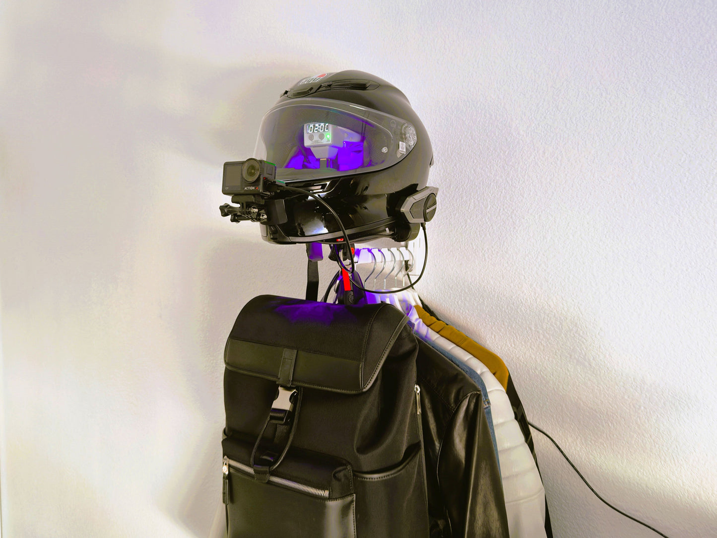 Advanced Motorcycle Helmet Holder, Sided View with helmet on