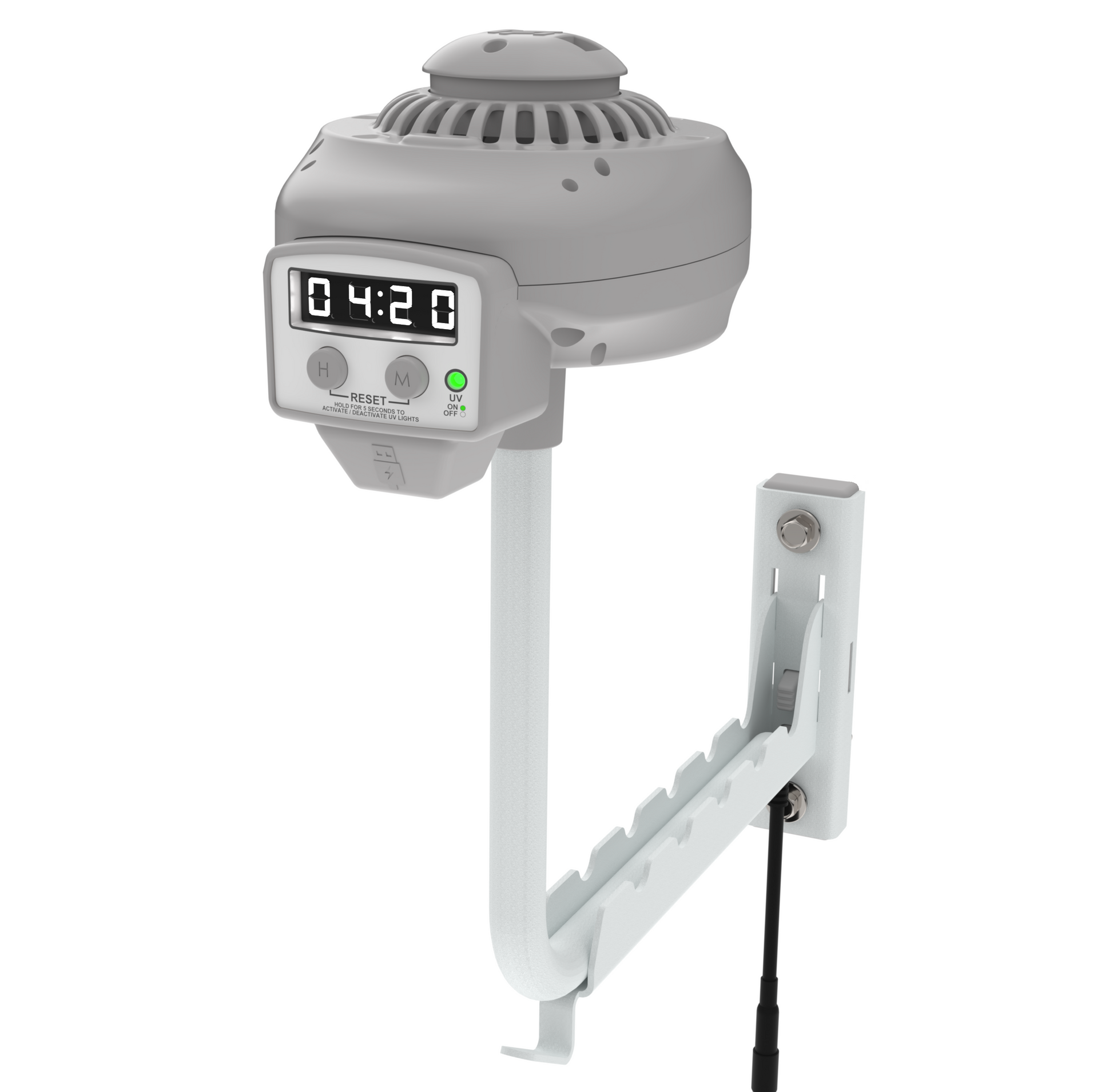 Advanced Motorcycle Helmet Holder, Front Side View Graphic, White